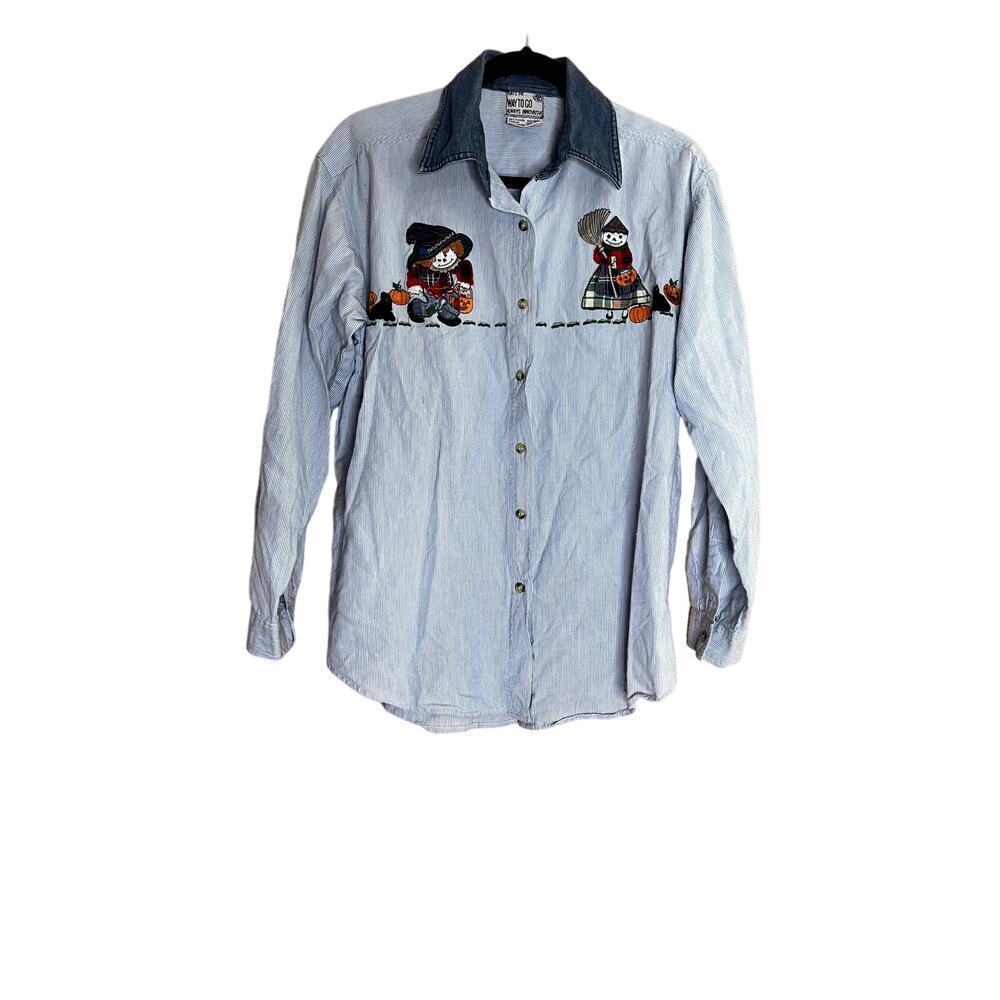 Vintage women's size medium shirt button down Halloween  lue white pinstripe